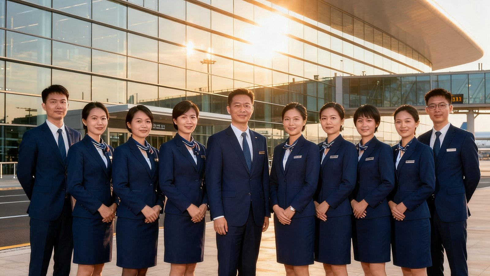 广东会贵宾厅集团管理团队在广州白云国际机场贵宾楼前合影，团队成员身着统一深蓝色职业装，背景是现代化的机场贵宾楼建筑外观，阳光洒在楼体玻璃幕墙上，展现出专业自信的企业形象。