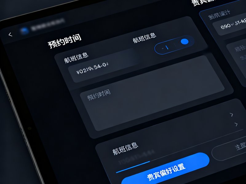 智能预约调度系统的操作界面截图，简洁的深色主题界面上清晰展示着预约时间、航班信息和贵宾偏好设置，界面设计现代且直观易用。