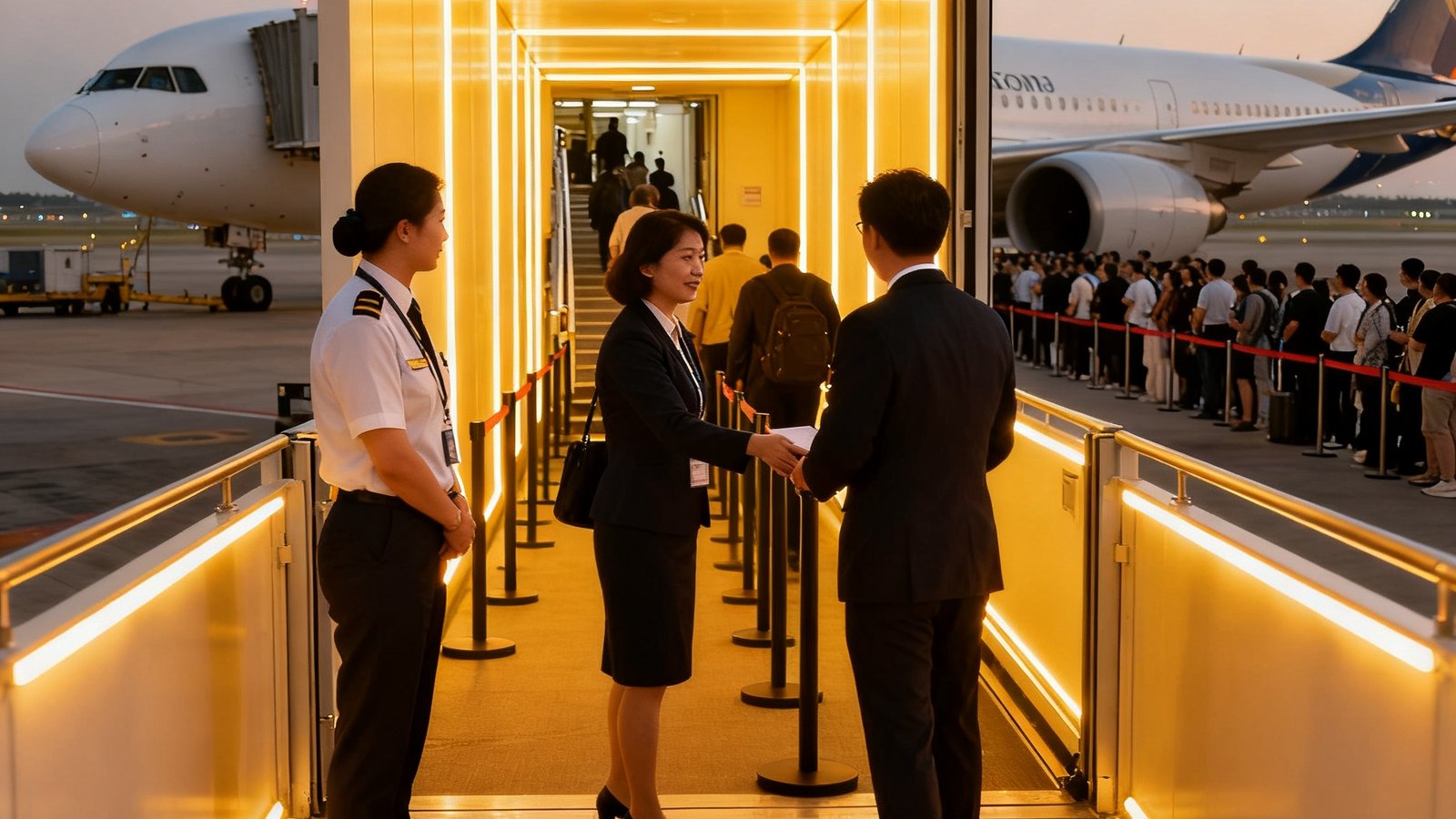 优先登机服务场景，贵宾旅客在专属廊桥入口处由工作人员引导登机，避开排队人群，廊桥两侧的柔光灯带营造出温馨的登机体验，远处可见停靠在廊桥的宽体客机。